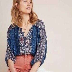 Maeve Anthropologie blue boho hippie wide sleeve blouse size S